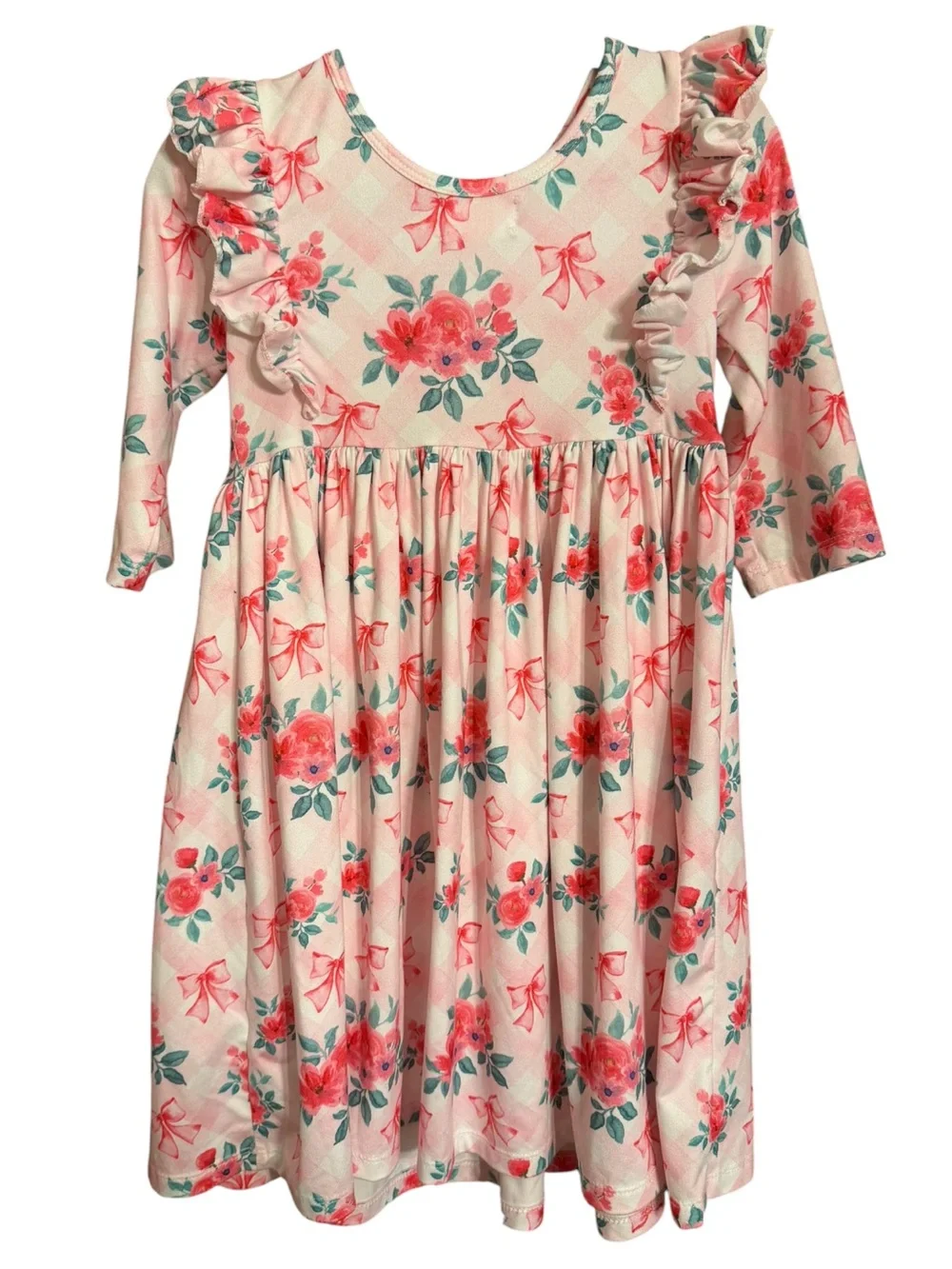 Mika & Rose Pink Floral & Bows Ruffle Long-Sleeve Dress Size 5/6